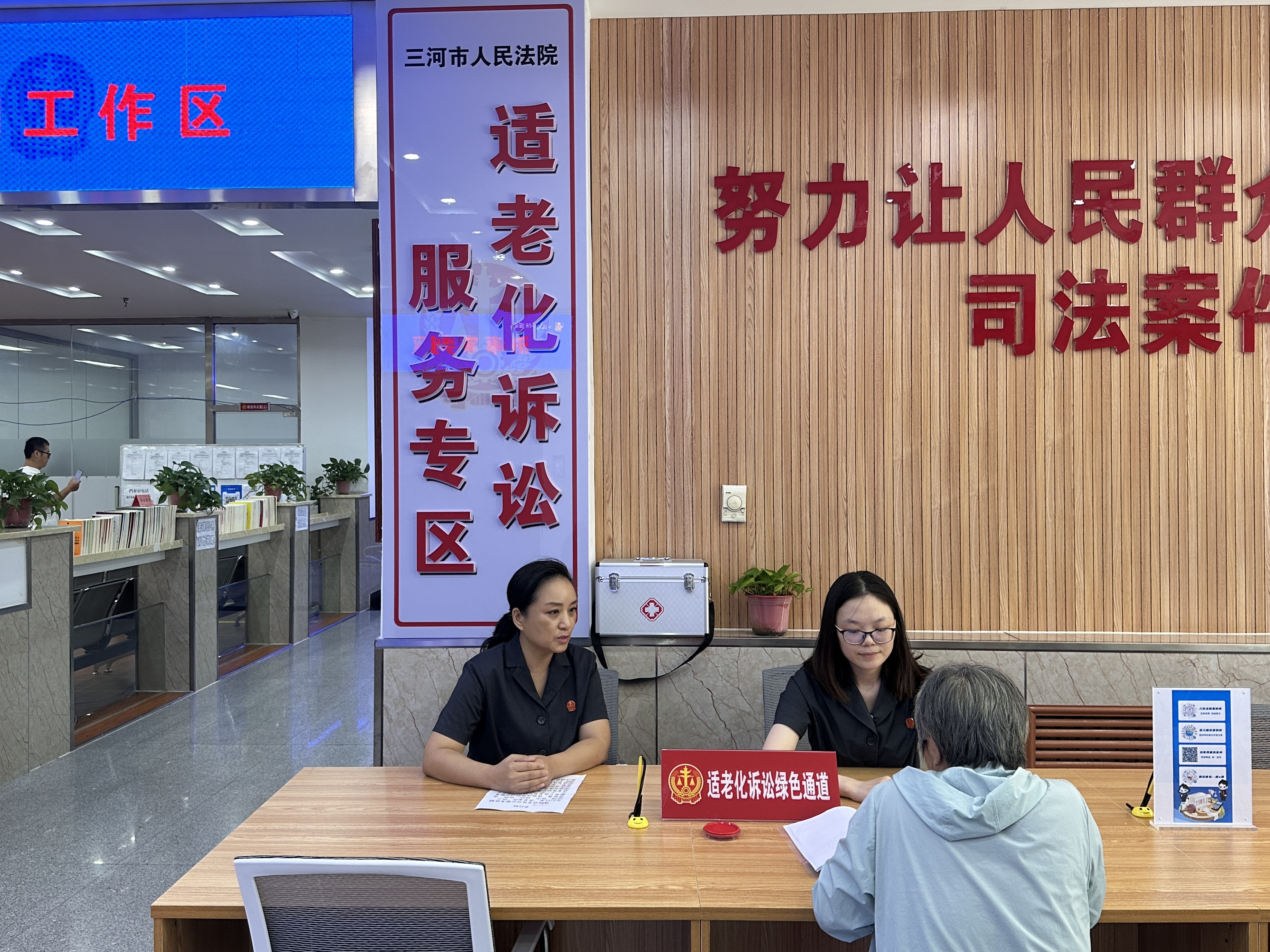 三河市人民法院工作人员在适老化诉讼服务专区讲解。高澍 摄