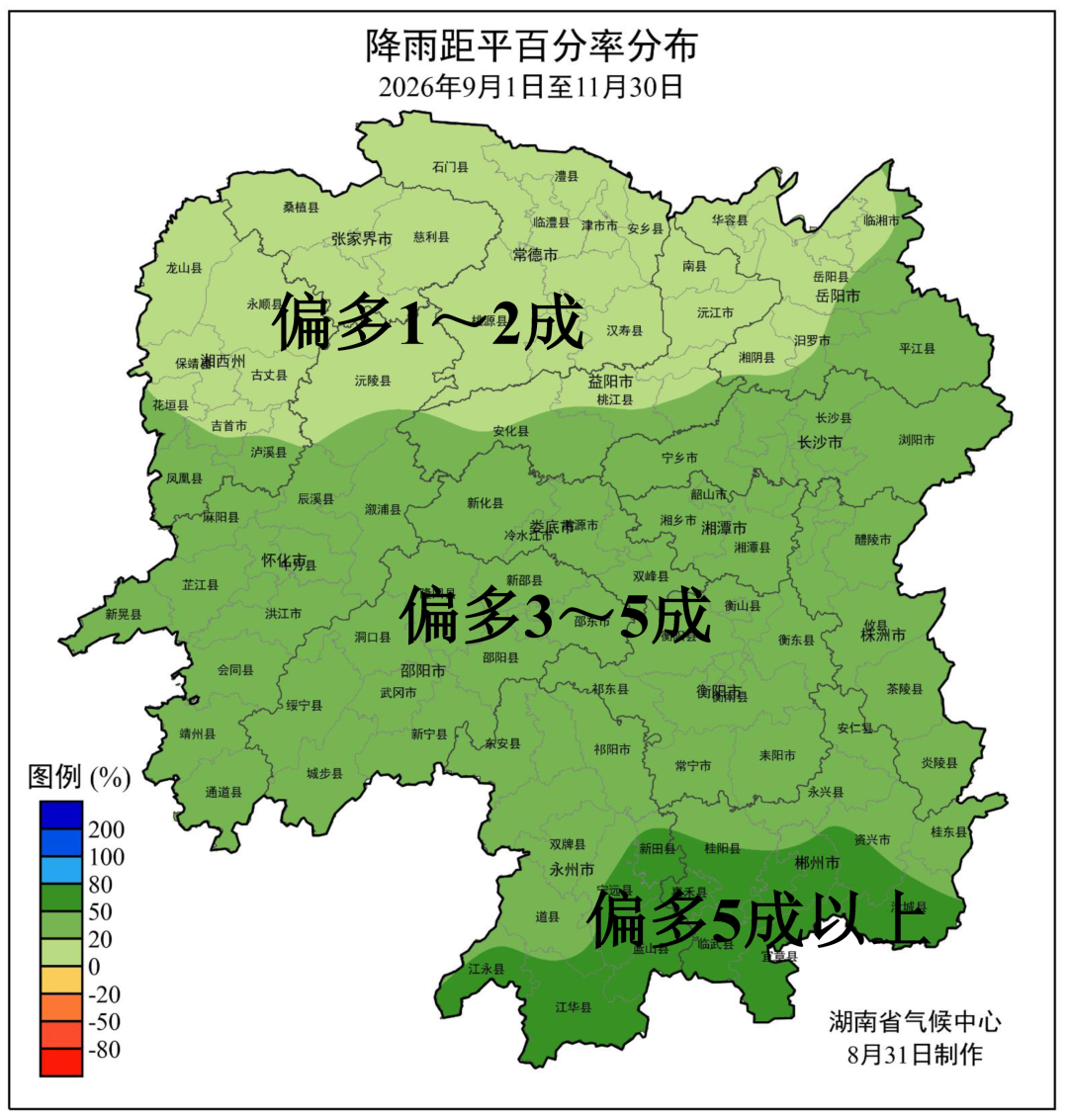 附图2秋季降水距平百分率预测(单位:%)