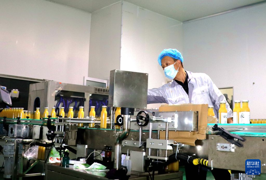 9月8日,在甘肃省平凉市静宁县城川镇一家果品加工企业里,工人在苹果汁生产线上工作。新华社发(王毅 摄)