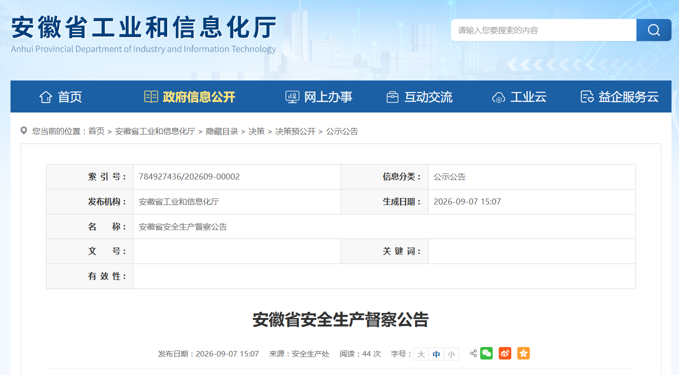 安徽省委、省政府派出安全生产督察组!