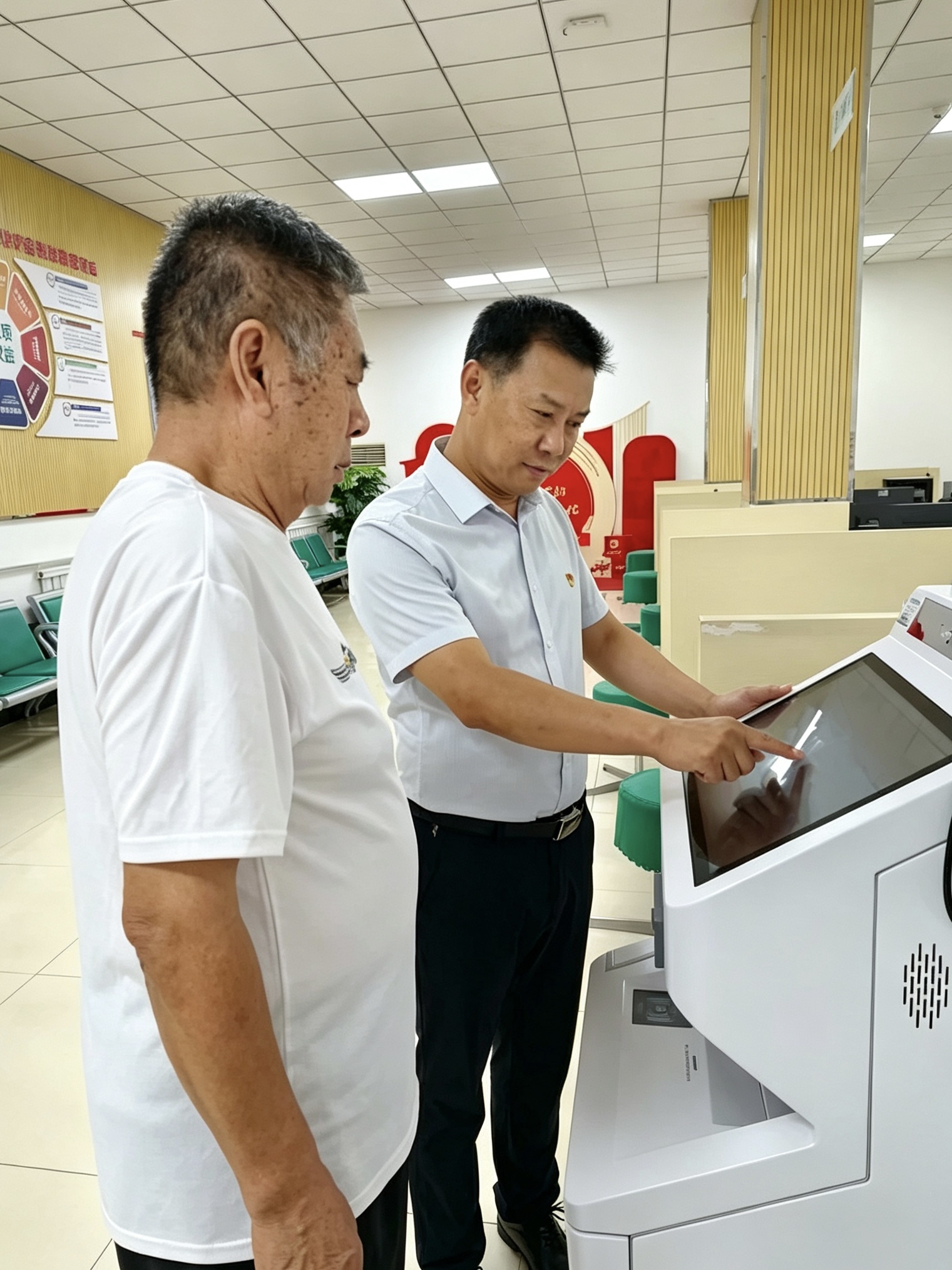 图:营销员党员张小刚为客户办理保单查询业务