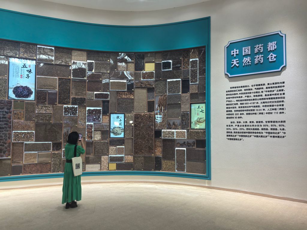 一位嘉宾在展览的药材面前驻足拍照 新华社记者 梁军 摄