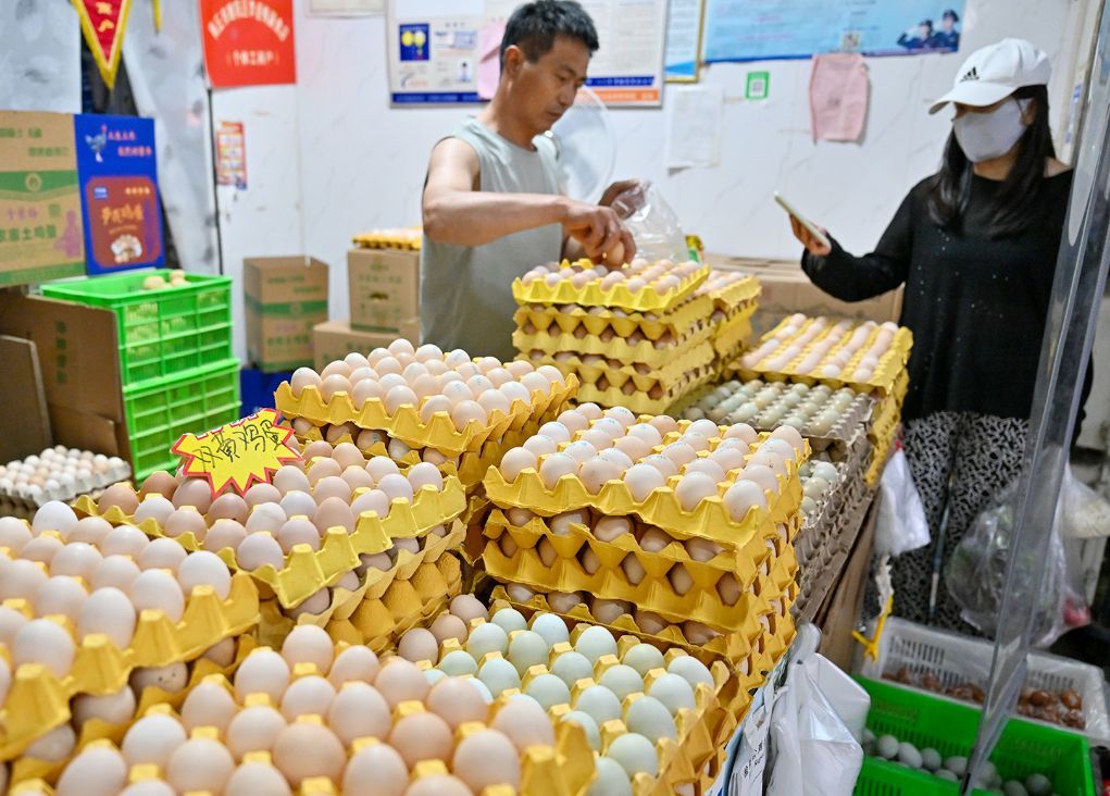 8月9日,消费者在河南省商丘市睢阳区归德农贸大市场选购鸡蛋。新华社发(李恒 摄)