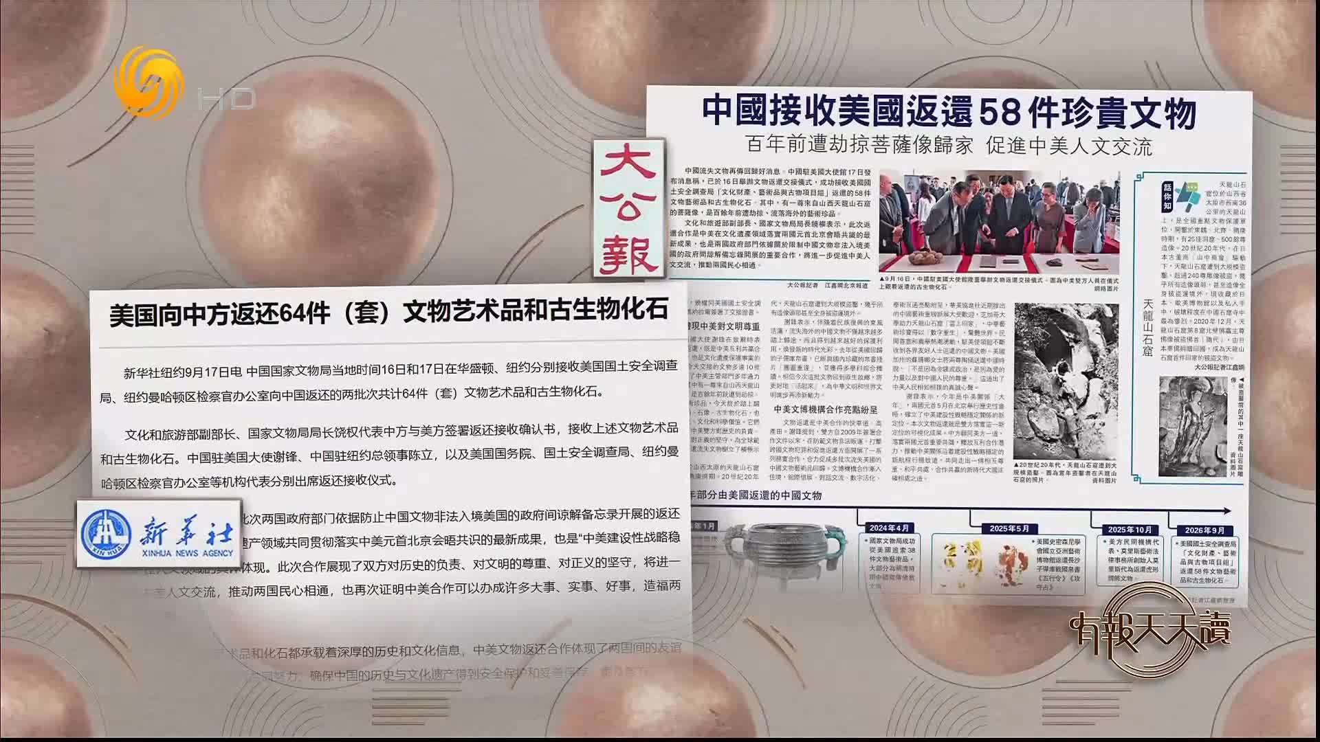 大公报：中国接收美国返还58件珍贵文物