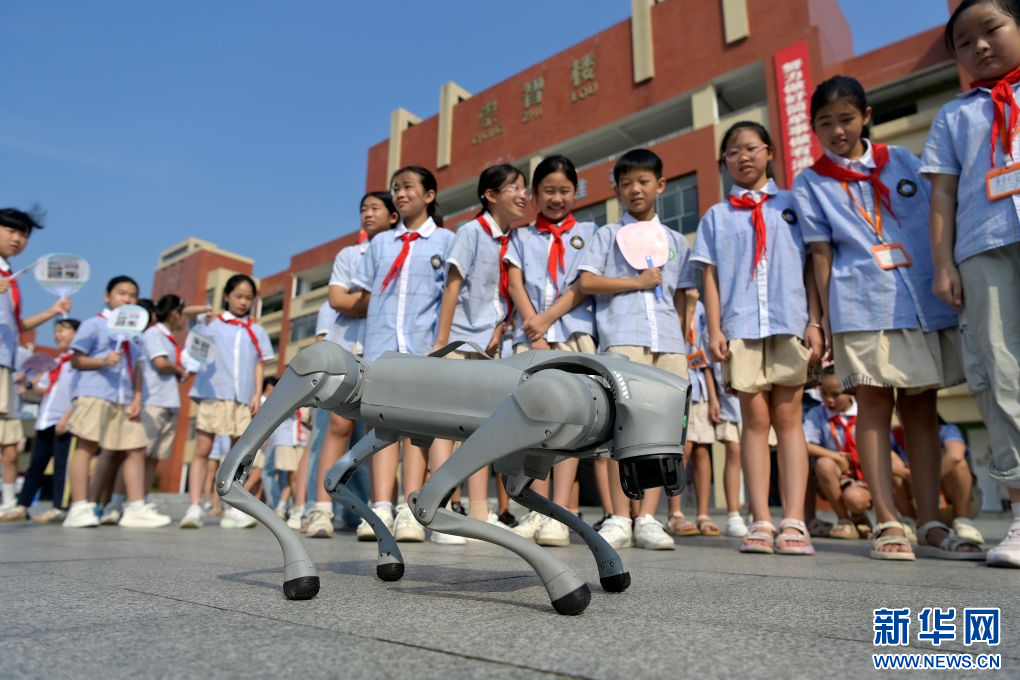 9月16日,在江西省宜春市万载县康乐街道中心小学,学生们围观机器狗表演。新华网发 邓龙华 摄