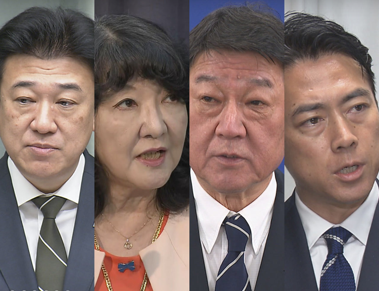 自左向右分别是内阁官房长官木原稔、财务大臣片山皋月、外务大臣茂木敏充、防卫大臣小泉进次郎