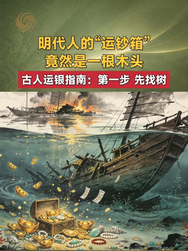 穿越回明代，满堆白银怎么运走？张献忠的答案是：掏空一棵树。把青冈木剖开挖空，塞入银锭，榫卯加铁箍固定，一根藏银十到二十枚。外面看是木头，打开全是银子。用箱子怕露富？木鞘既隐蔽，还能扔水里顺流拖运。然而