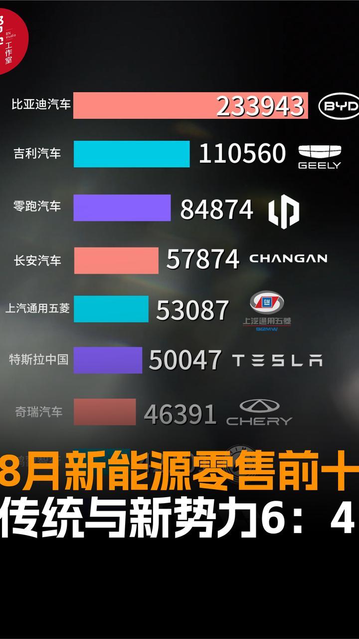 8月新能源零售前十 传统与新势力6：4