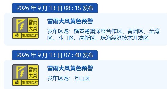 注意防御 珠海全市雷雨大风黄色预警信号生效