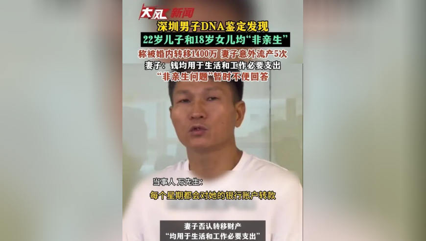 深圳男子DNA鉴定发现22岁儿子和18岁女儿均“非亲生”，称被婚内转移1400万 妻子意外流产5次；妻子：钱均用于生活和工作必要支出， “非亲生问题”暂时不便回答