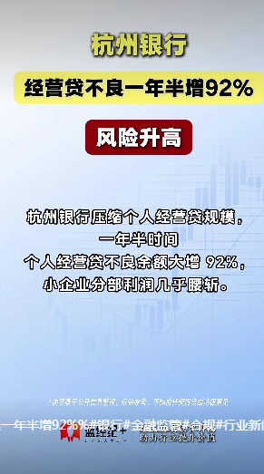杭州银行经营贷不良,一年半增92% 原因是——