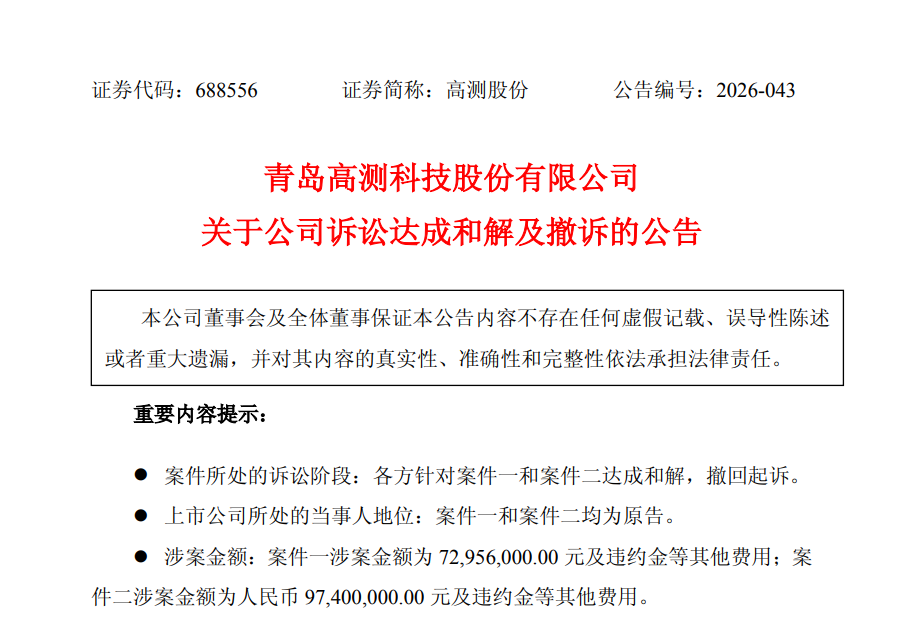 青岛高测股份：两起诉讼达成和解并撤诉 涉案金额合计约1.7亿元