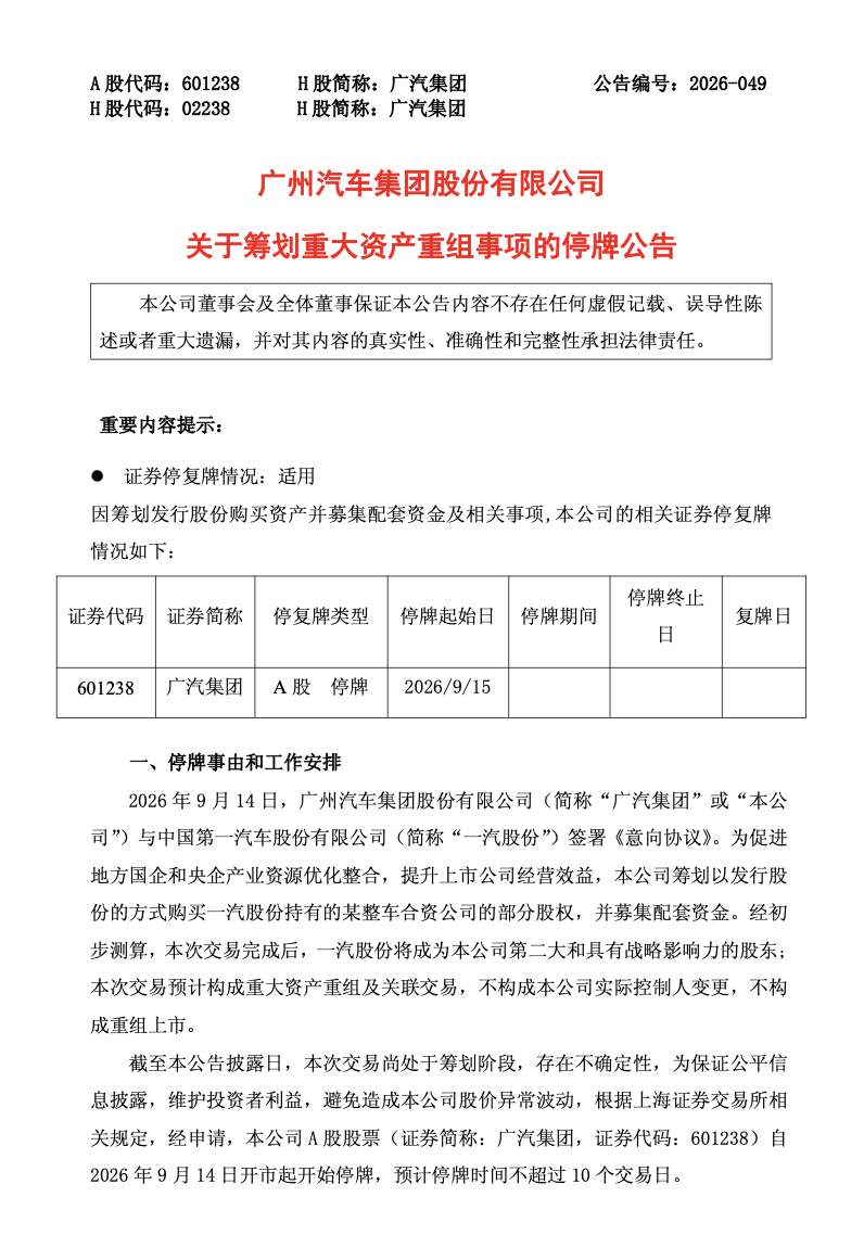 广汽集团公告：以筹划发行股份购买资产，一汽股份将成第二大战略股东