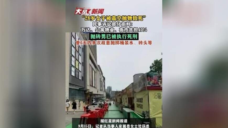 “28岁女子被高空抛物致死”，民事诉讼部分宣判：万达、公寓物业、夜市共担20%，拋砖男已被执行死刑，曾6天内多次故意抛掷桶装水、砖头等