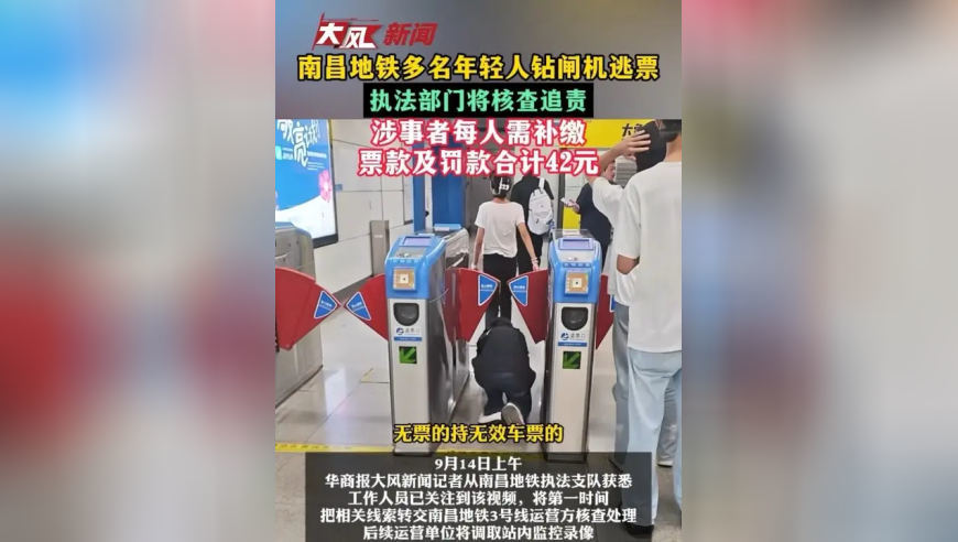 南昌地铁多名年轻人钻闸机逃票 执法部门将核查追责涉事者每人需补缴票款及罚款合计42元