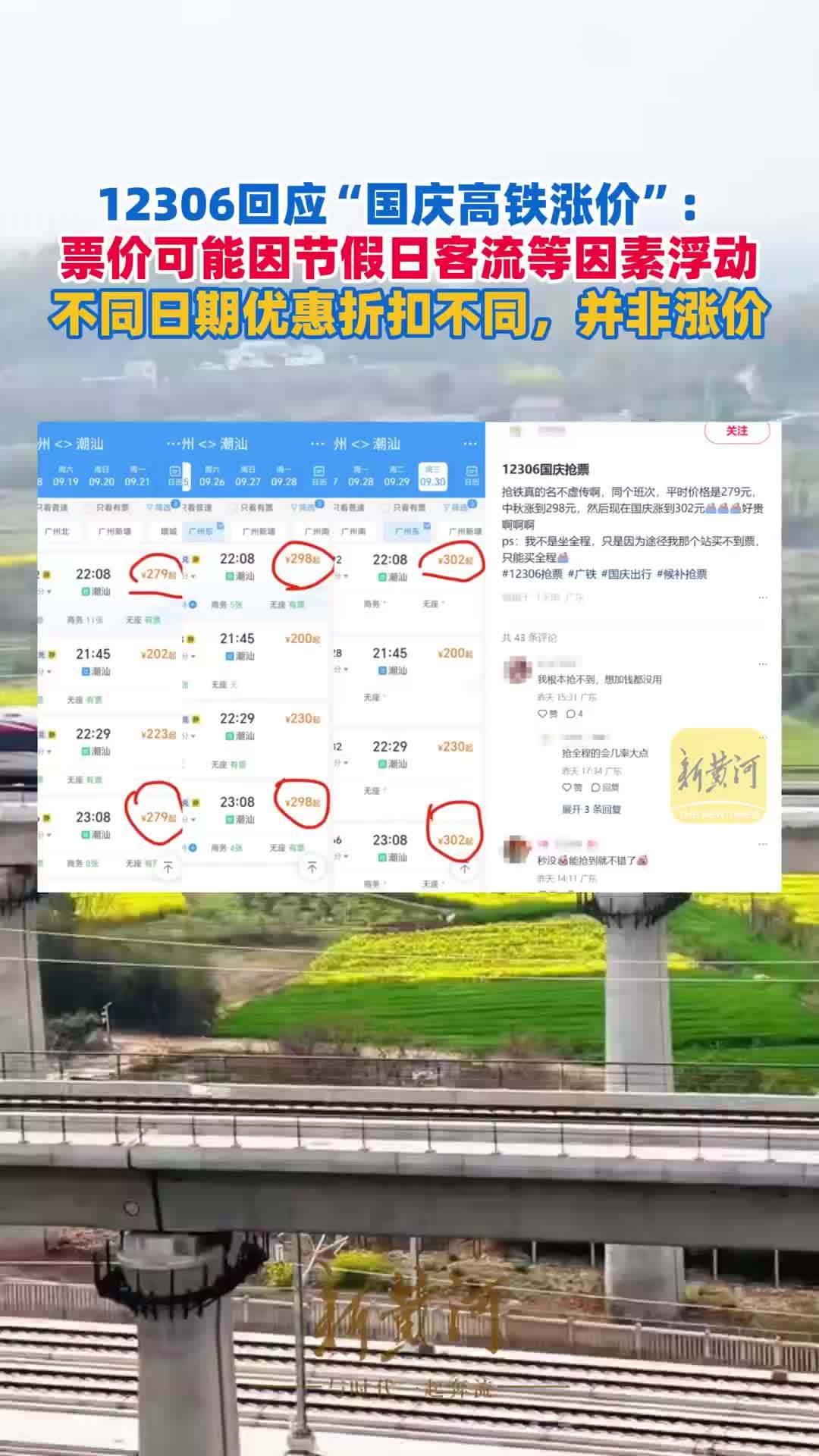 12306回应“国庆高铁涨价”：票价可能因节假日客流等因素浮动，不同日期优惠折扣不同，并非涨价