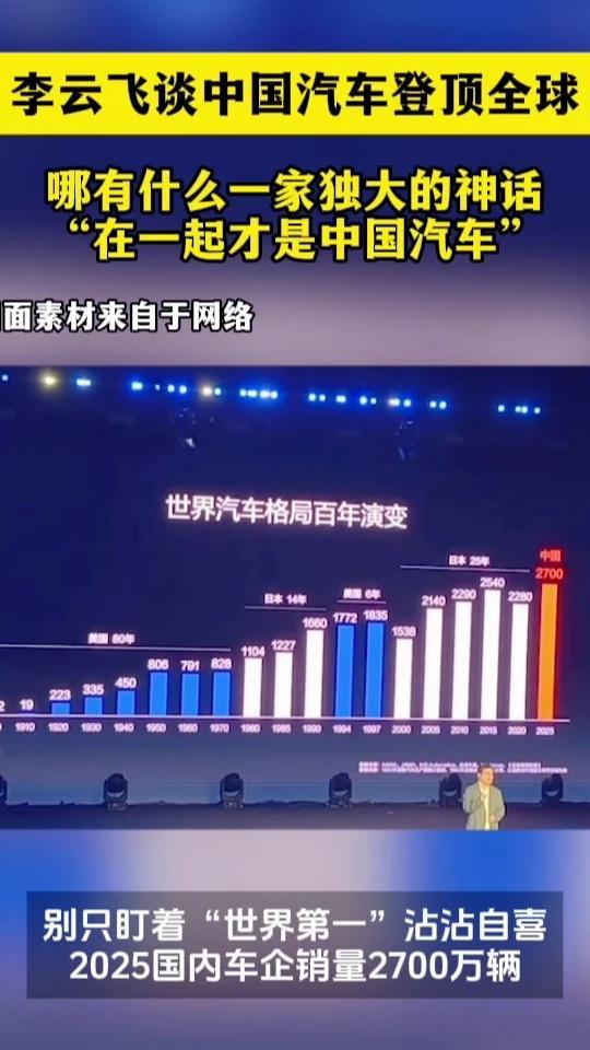 “在一起才是中国汽车” 李云飞谈中国汽车登顶全球 别只盯着“世界第一”沾沾自喜，2025国内车企销量2700万辆。李云飞：这份荣耀属于所有中国品牌，第一不是终点而是新起点！#中国汽车#李云飞#比亚迪汽