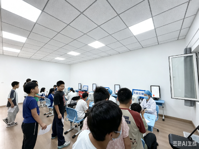 医护人员使用标准化设备为学生进行电脑验光等检查