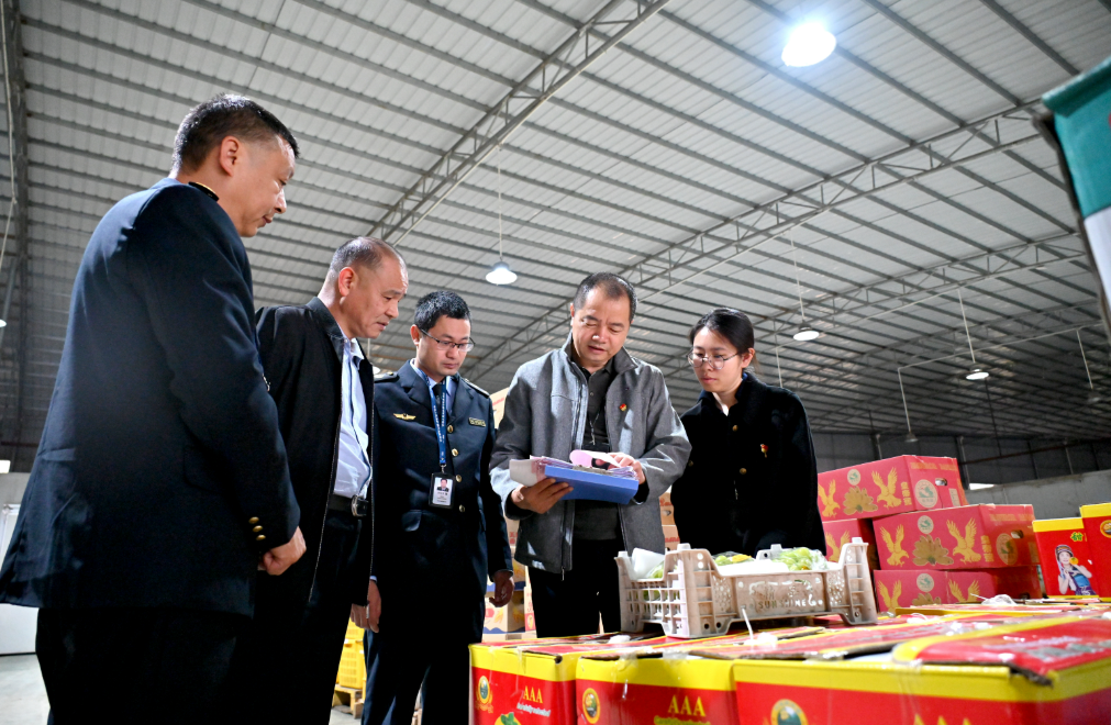 退出领导岗位职级公务员蔡长根受聘担任重点工作督导员,正在水果批发市场开展质量安全督导检查。