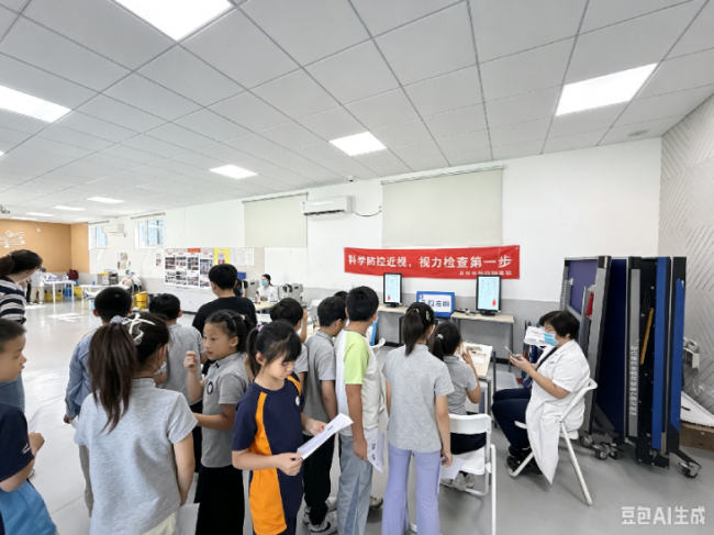 学生们在老师组织下有序排队,接受专业视力检查