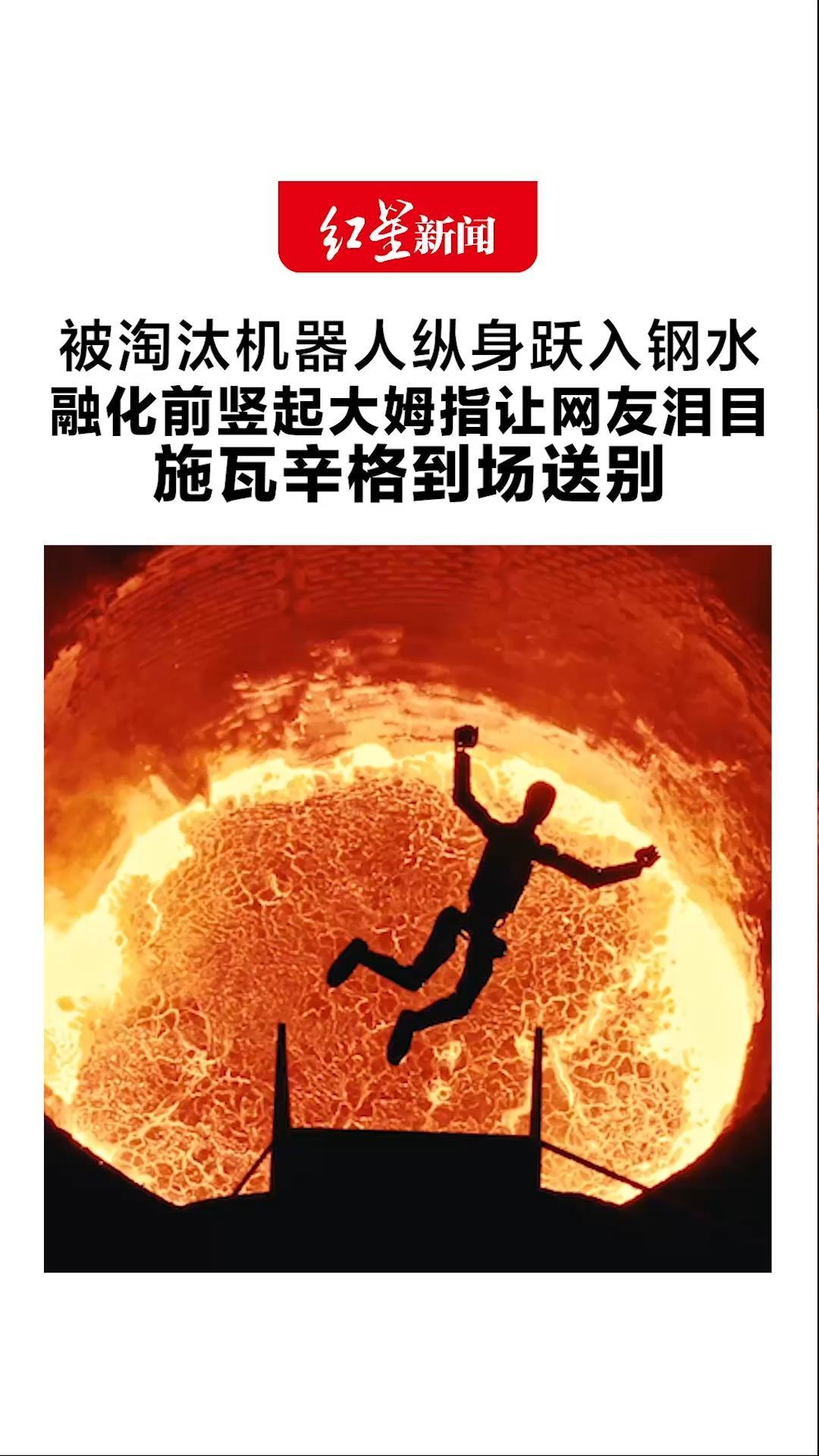 致敬终结者！被淘汰机器人纵身跃入钢水 融化前竖起大姆指让网友泪目 施瓦辛格到场送别