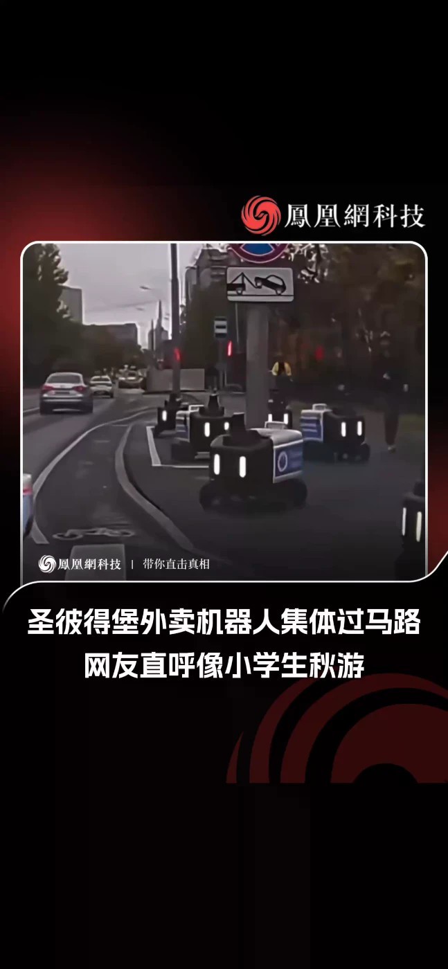 圣彼得堡外卖机器人集体过马路 整整齐齐等红灯，网友直呼“像小学生秋游”！没有“老师”带队，全靠算法自觉。当机器人开始送外卖，人类的外卖员慌不慌？（来源：RT今日俄罗斯）#外卖机器人 #圣彼得堡