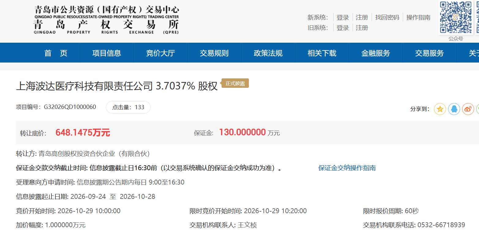 青岛高创挂牌转让上海波达医疗3.7037%股权