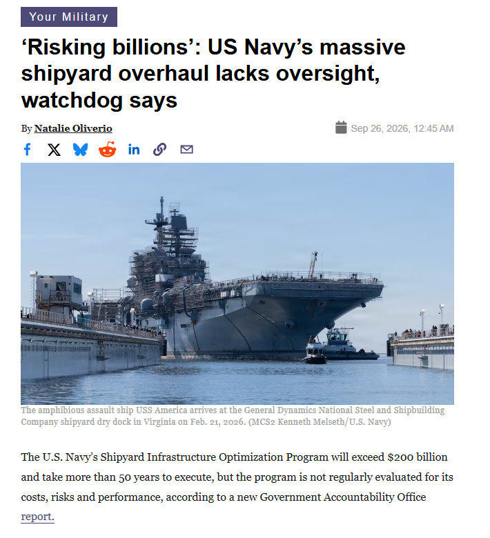 图为美国防务媒体“Military Times”对2000亿美元船厂升级计划的报道。