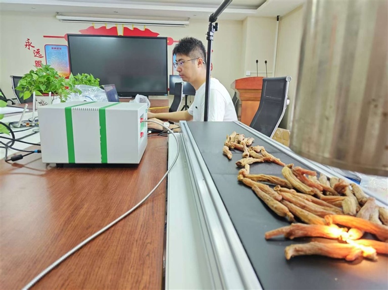 科研人员正在用光谱仪进行中药材数据采集。 夏明龙 摄