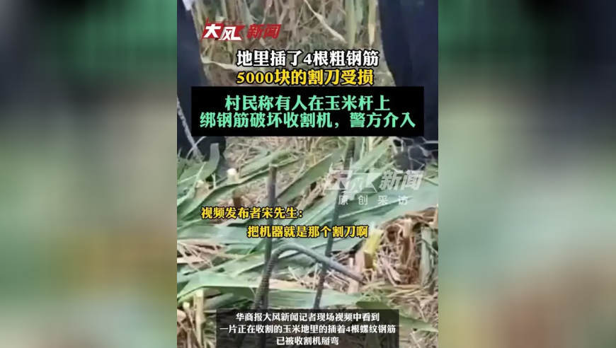 “地里插了4根粗钢筋，5000块的割刀受损” 村民称有人在玉米杆上绑钢筋破坏收割机，警方介入