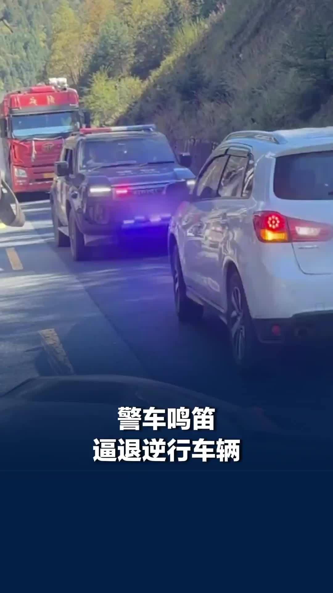 部分车辆占用对向车道逆行，导致通行受阻，警车鸣笛逼退逆行车辆