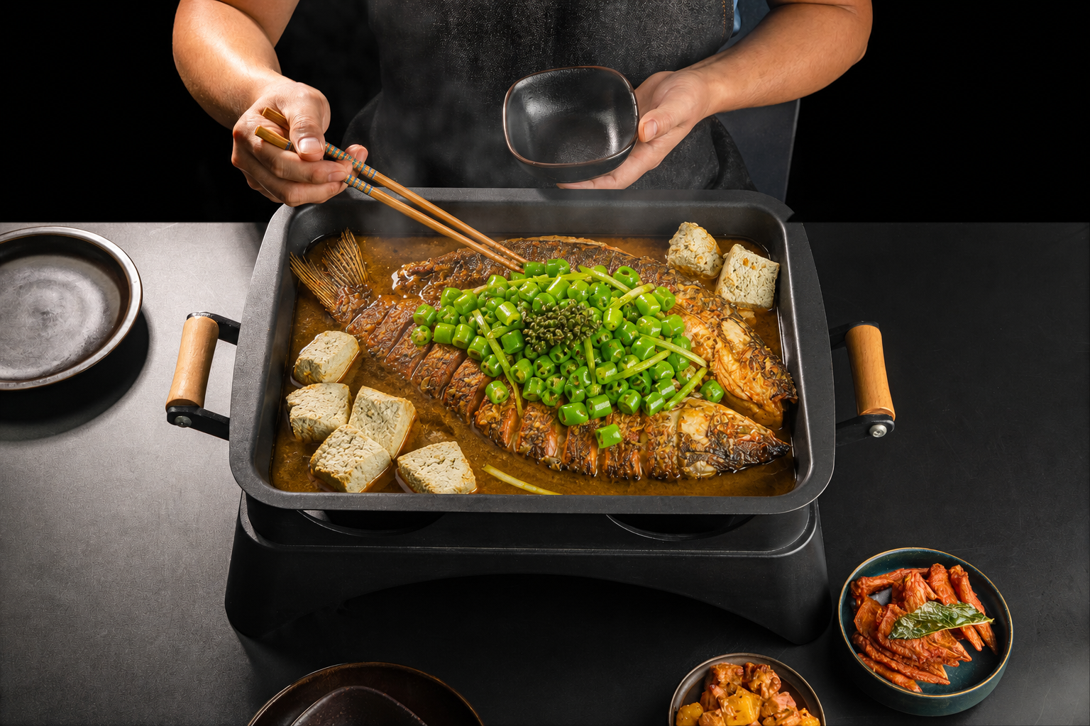 烤鱼与豆腐青椒搭配的菜品