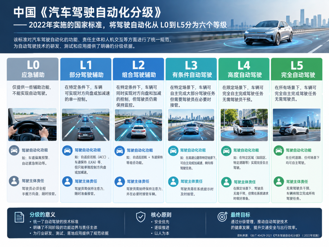 驾驶自动化从L0到L5共分为六个等级