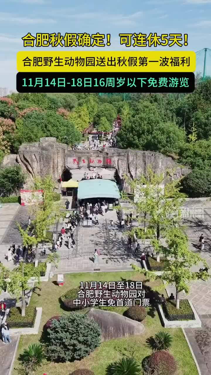 #合肥野生动物园 10月10日，合肥市公布2026中小学秋假放假安排，放假时间自11月16日至18日，共计3天。再加上上一个周末，可形成5天小长假。合肥野生动物园今日也公布了秋假福利：在此期间，16周