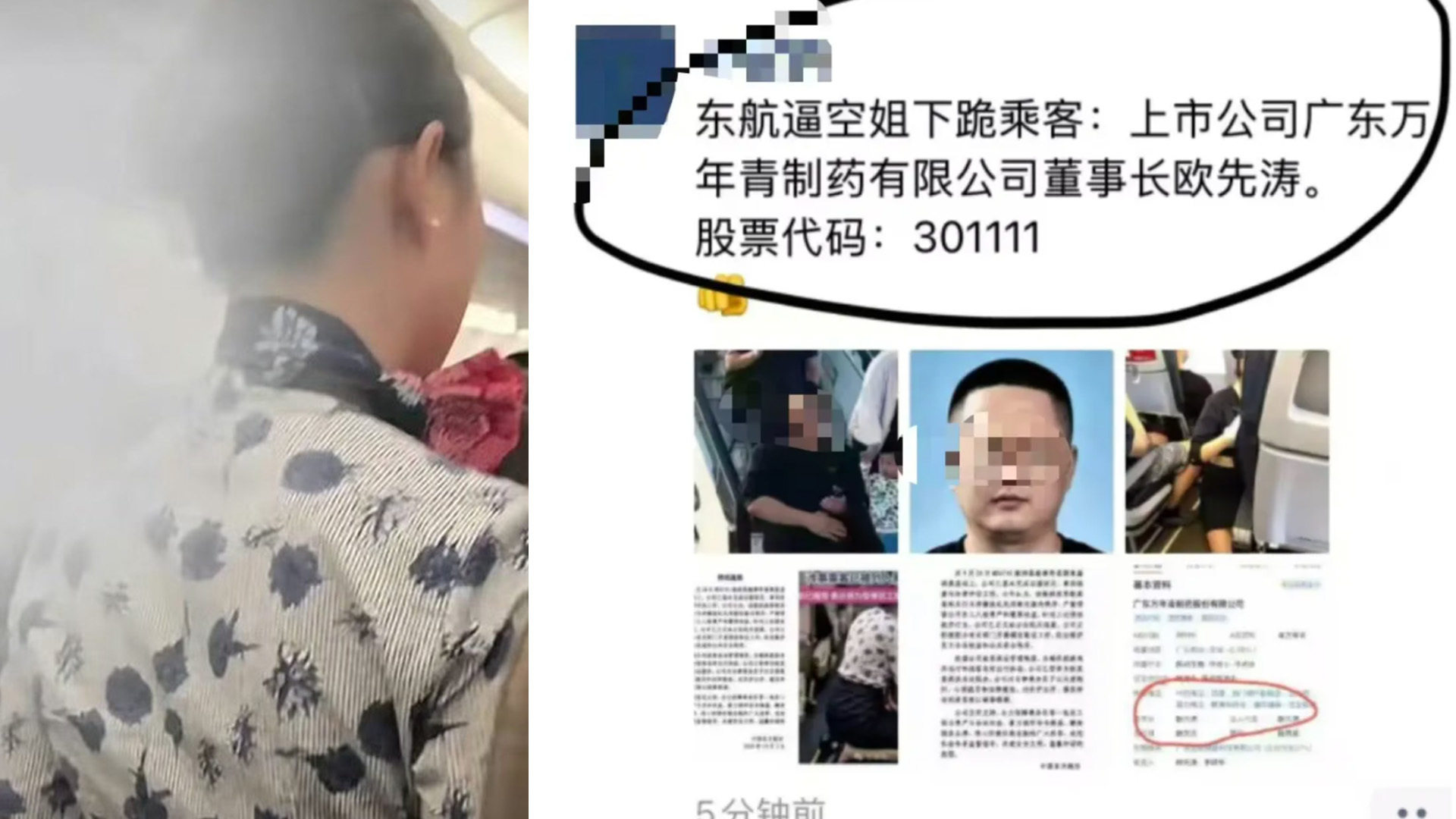 网传东航空姐下跪事件乘客为上市公司董事长？万年青回应：不实消息，董事长已报警