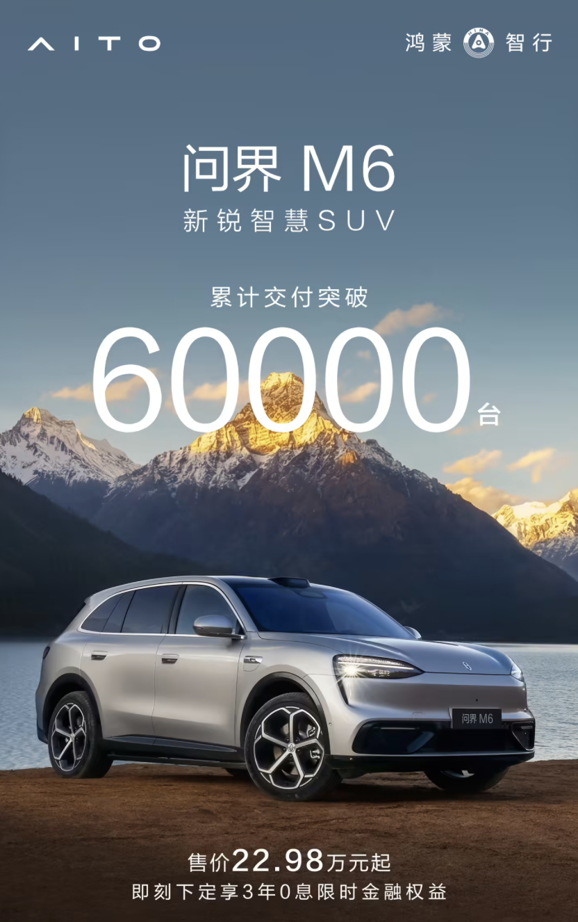 问界M6累计交付突破6万台，上市54天交付超3万