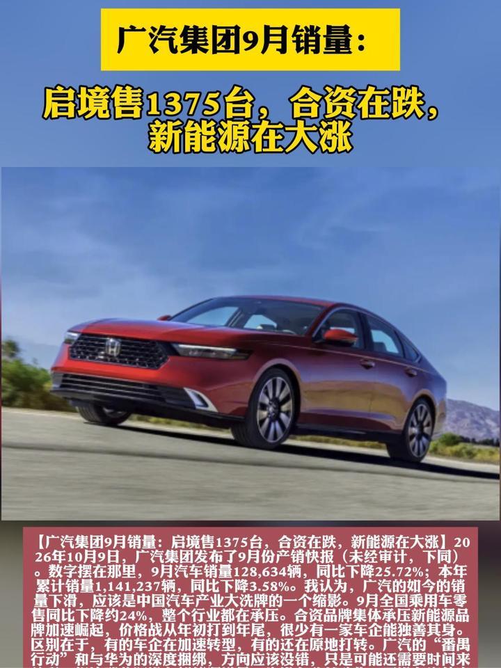 广汽集团9月销量：启境售1375台，合资在跌，新能源在大涨