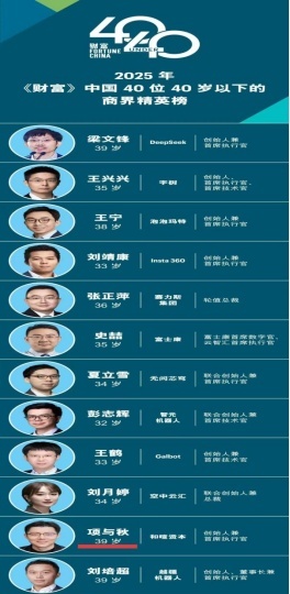 《财富》2025年“中国40位40岁以下的商界精英”榜单（部分）