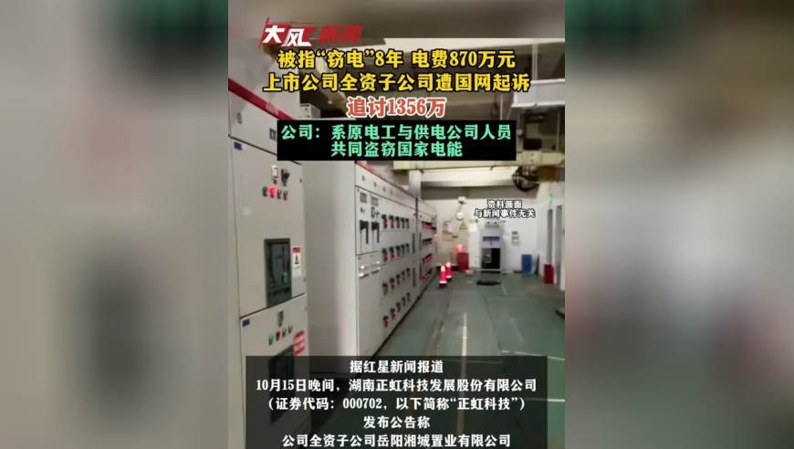 被指“窃电”8年，电费870万元，上市公司全资子公司遭国网起诉，追讨1356万；公司回应：系原电工与供电公司人员共同盗窃国家电能