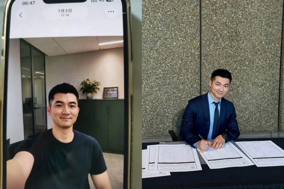 AI换脸视频截图(左);小E分享在社交平台照片(右)