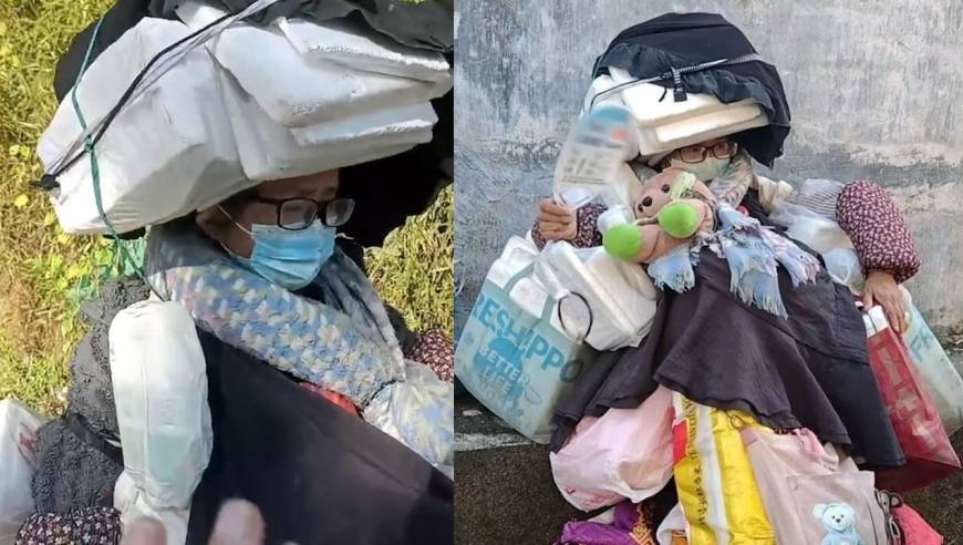 女子全身上下绑满行李，只露出半张脸和两只手，在街头艰难行走，当地公安局回应