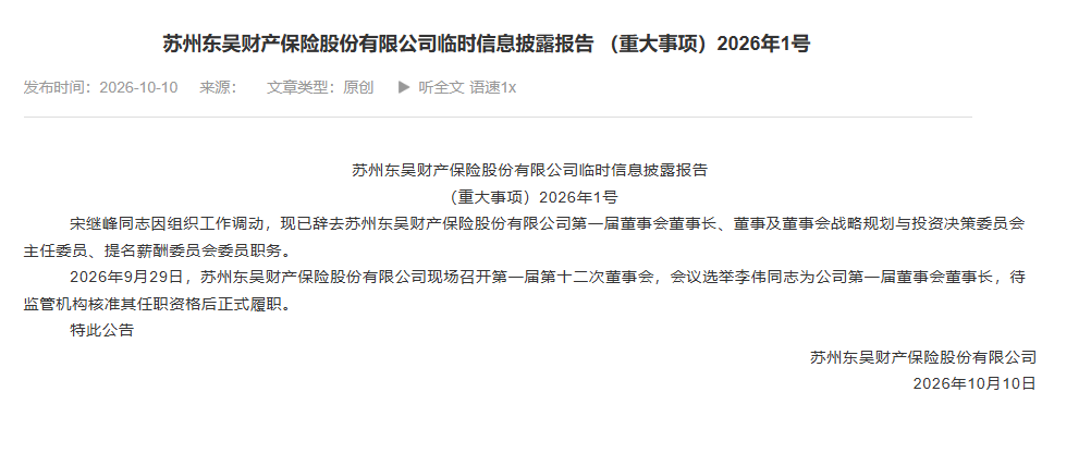 李伟接任东吴财险董事长，此前为苏州银行副行长