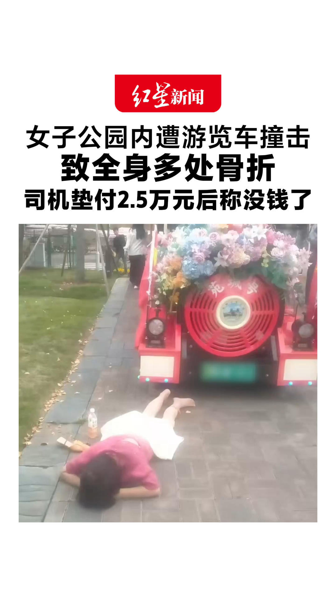 女子公园内遭游览车撞击 致全身多处骨折 司机垫付2.5万元后称没钱了 公园方：等待责任划分