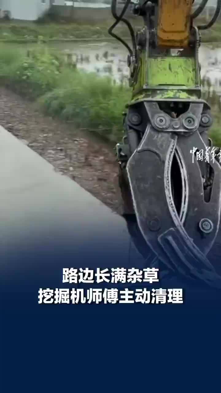 路边长满杂草挖掘机师傅主动清理