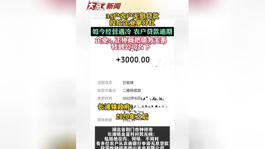 35户农户无息贷款投给企业拿分红，如今经营遇冷，农户贷款逾期；企业：正协商把债务关系转到公司名下