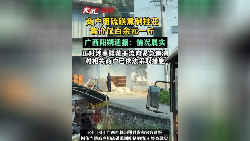 商户用硫磺熏制桂花，广西阳朔通报：经查反映情况属实，正对涉事桂花干流向紧急追溯，对相关商户已依法采取措施