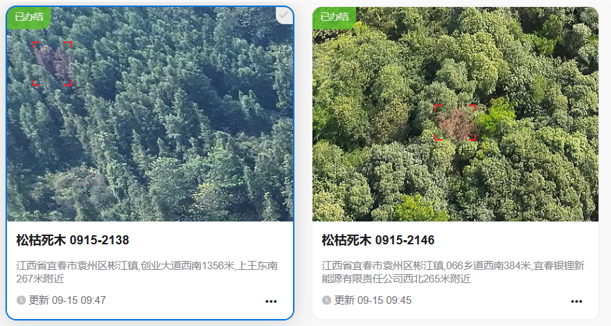 ▲AI自动识别枯树,定点巡查松线虫问题,推送至责任部门处置