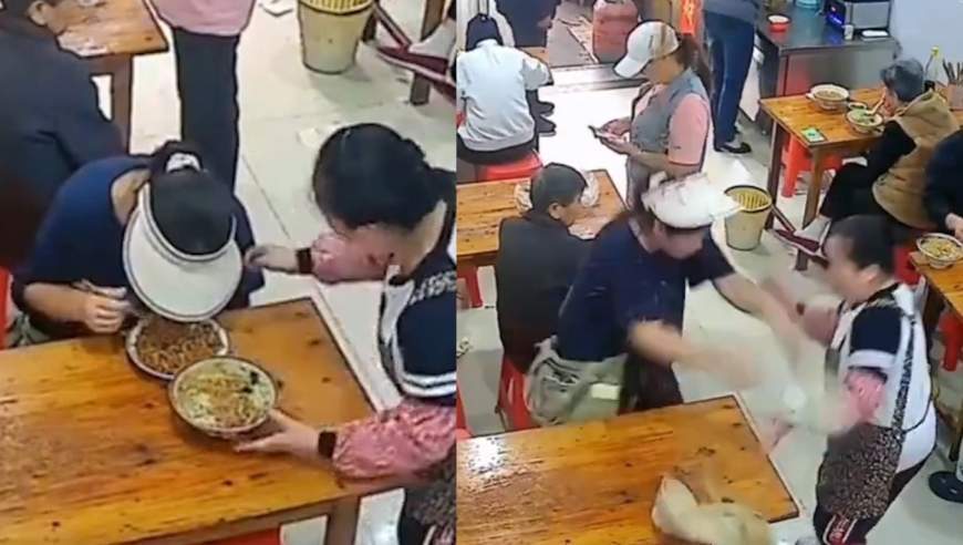 餐厅里一女子戴大檐帽低头吃饭，老板轻拍提醒上菜，女子竟暴怒摔盘子走人，老板愣住半天没回神