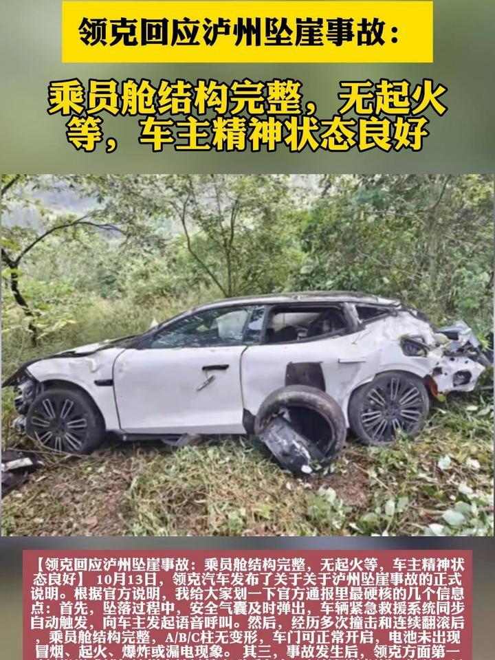 领克回应泸州坠崖事故：乘员舱结构完整，车主精神状态良好