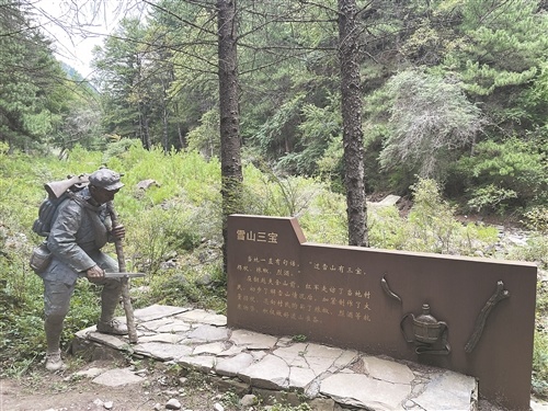 夹金山南麓红军小道里的“雪山三宝”雕塑。